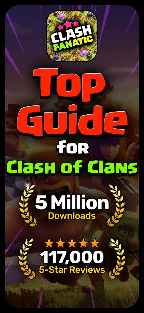 CoC Fanatic for Clash of Clans - Esta tela inicial destaca a popularidade do aplicativo, exibindo mais de 5 Milhões de downloads e uma avaliação impressionante de 117.000 avaliações 5 estrelas.