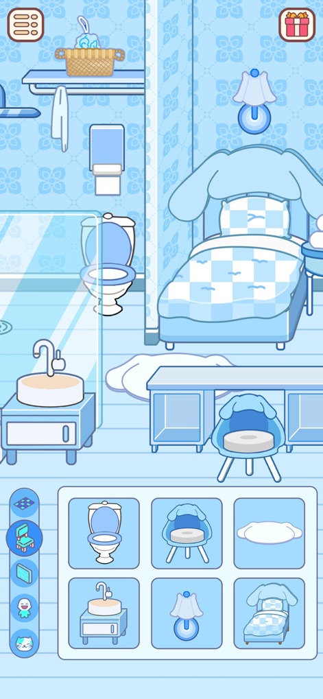 Love Home: Cute Life Sim Games - Spieler gestalten ihre privaten Bereiche mit einer breiten Auswahl an Sanitäreinrichtungen und charmanten Details wie der Toilette und dem hellblauen Hasen-Bett.