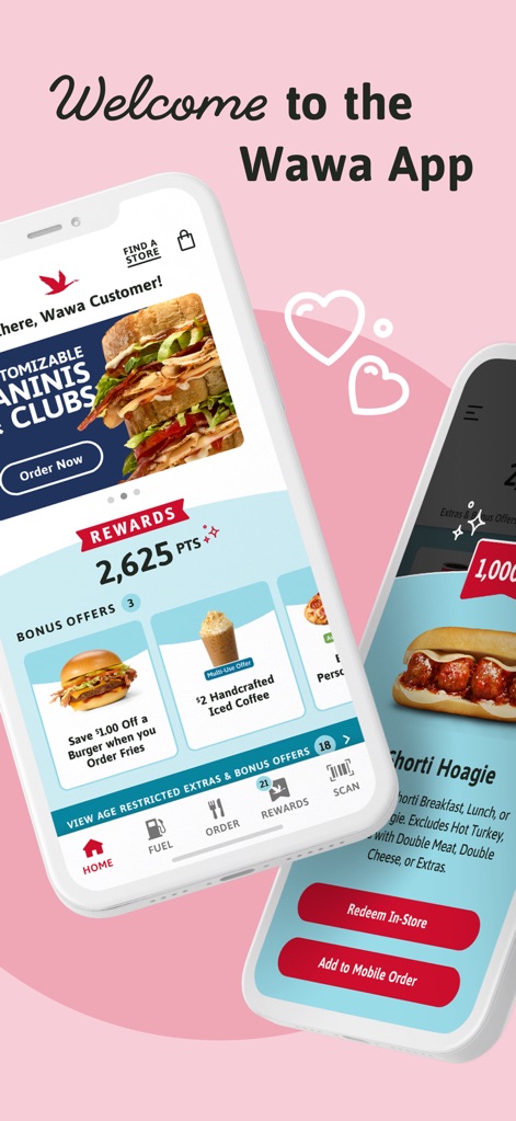 Wawa - The app's dashboard clearly displays earned rewards points and highlights engaging bonus offers for food items and drinks.
