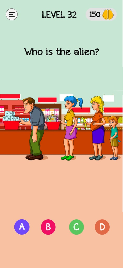 Braindom: Brain Games Test Out - Dieses Bild zeigt eine Supermarktschlange mit verschiedenen Charakteren, aus der Nutzer den Alien identifizieren müssen, wobei ein Mann durch seine ungewöhnliche Erscheinung auffällt.