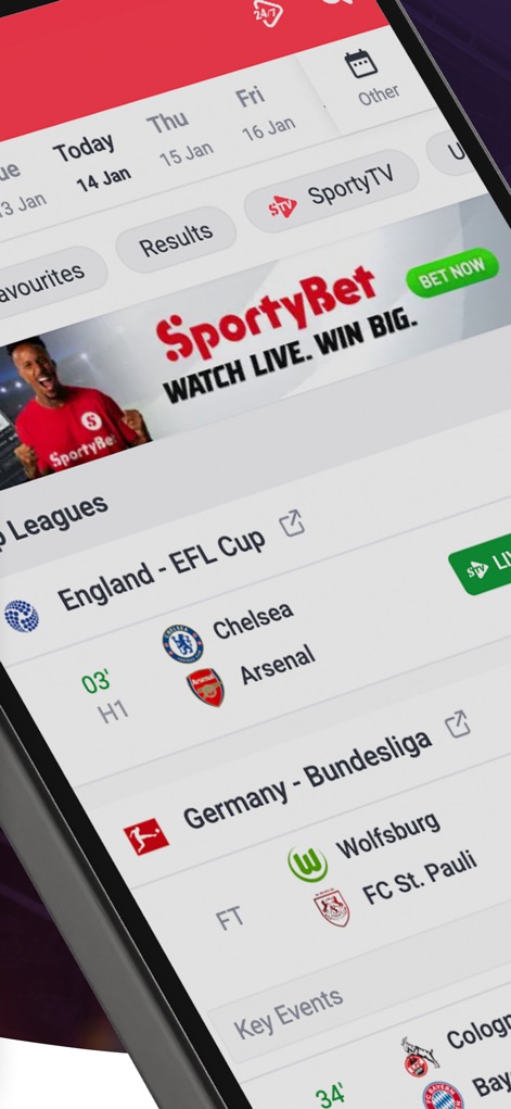 SportyTV: Live Sports Stream - Users can easily navigate through organized match schedules and dive into comprehensive league coverage, featuring "LIVE" indicators for active games.