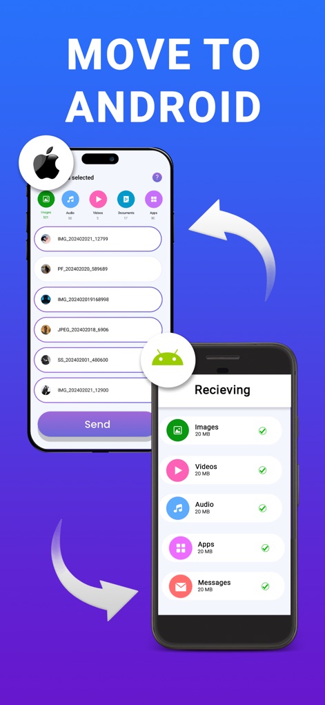 Smart Switch: Copy my data - Esta imagen ilustra la selección de categorías de datos en un dispositivo iOS y la confirmación de la recepción en un Android, simplificando la transición entre plataformas.