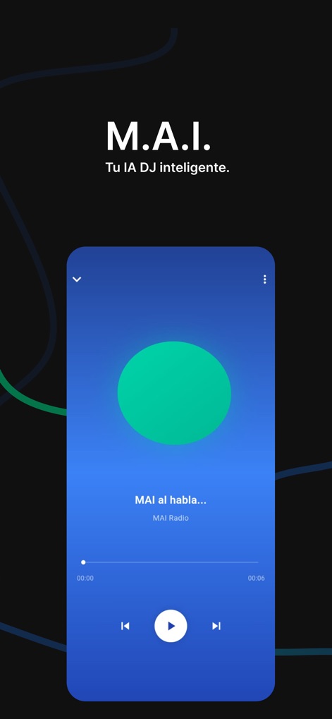 Meulify: Reproductor de música - Experience the intelligent 'M.A.I. al habla...' assistant in action, with a captivating central visualizer and precise playback controls for an AI-curated audio journey.