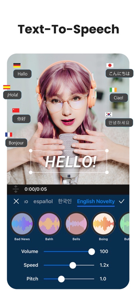 PowerDirector: AI Video Editor - Les utilisateurs peuvent convertir du texte en voix avec des options multilingues et des styles vocaux variés comme 'Bad News' ou 'Bells'.
