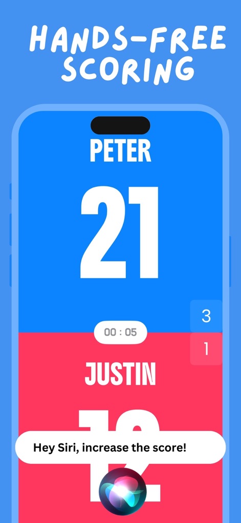Scoreboard: Keep 2 Teams Score - Users can update scores hands-free using Siri Shortcuts and customize player names for clear identification.