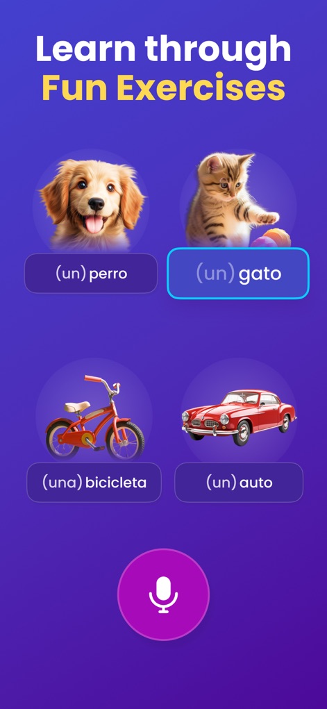Mondly: Learn 41 Languages - The app makes learning enjoyable through fun exercises, such as matching images to words (like "perro" and "gato"), complemented by the microphone icon for speaking practice.