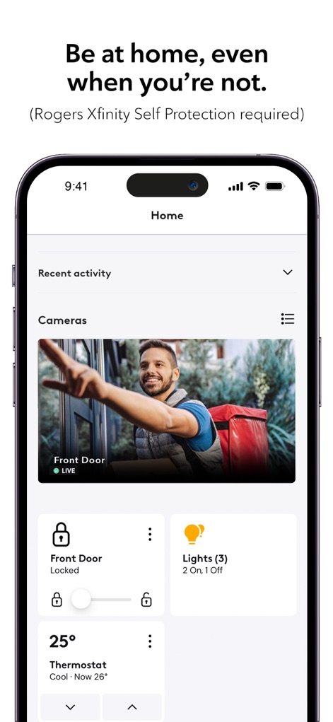 Rogers Xfinity - The app empowers remote home management, featuring a live 'Cameras' feed for constant vigilance and direct control over the 'Front Door' lock status.