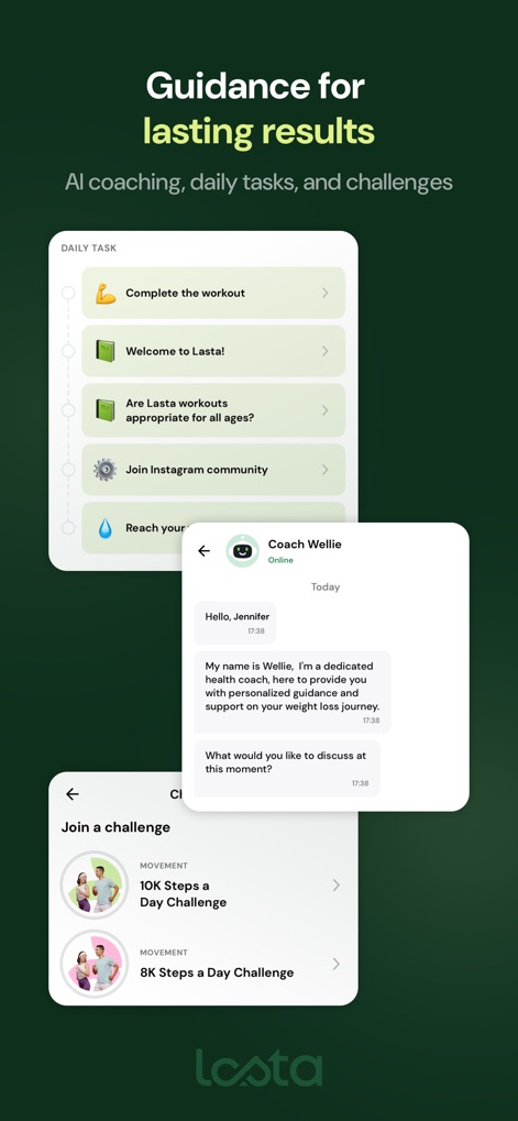 Lasta Fit: Your Wellness Coach - The app provides ongoing support and motivation via a personalized 'Coach Wellie' chat and engaging features like 'Daily tasks' and step challenges.