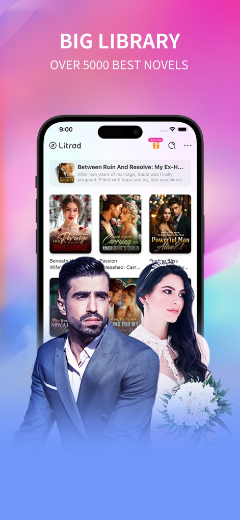 Litrad: Booktok, Reading Books - Users can browse an extensive 'BIG LIBRARY' with thousands of novels, visually represented by the diverse range of book cover thumbnails available.