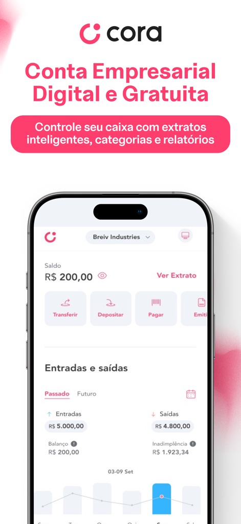 Conta PJ Digital - Cora - Esta tela apresenta o "Saldo" atual da conta, ao lado de funcionalidades como "Transferir" e "Pagar", e um gráfico de "Entradas e saídas" que detalha o fluxo de caixa da empresa.