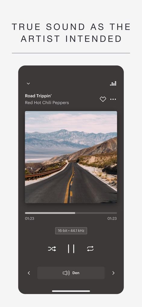Music | Bowers & Wilkins - The app showcases high-fidelity audio details like the "16-bit · 44.1 kHz" indicator and features an intuitive player interface with dynamic album art.