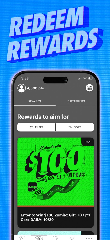 Zumiez - Access a dedicated section for managing points and redeeming valuable rewards, featuring enticing offers such as entering to win a '$100 Zumiez Gift Card' through engaging app activities.