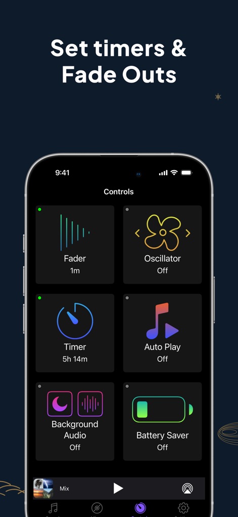 White Noise Deep Sleep Sounds - La sección de controles ofrece herramientas avanzadas para optimizar el uso, incluyendo un "Timer" para programar la duración del sonido y un "Battery Saver" para una gestión eficiente del dispositivo.