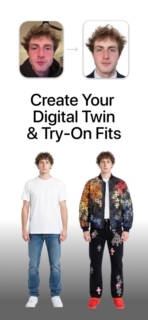 Fitted - O aplicativo cria um avatar digital a partir de uma foto de rosto, permitindo que os usuários experimentem virtualmente diferentes combinações de roupas, como uma camiseta branca e jeans, antes de usá-las.