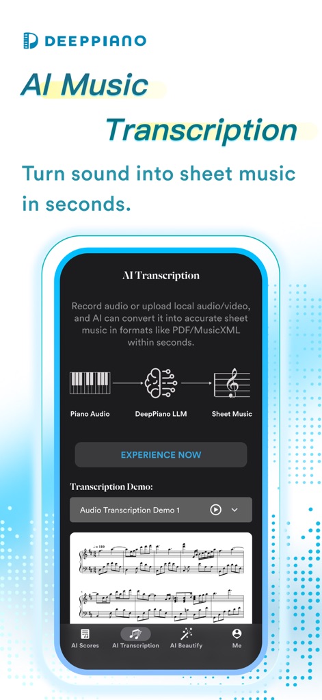 DeepPiano - Sheet Music & AI - This tool demonstrates its AI Music Transcription capabilities, showing the conversion flow from piano audio to sheet music and displaying a complete staff score from a demo.