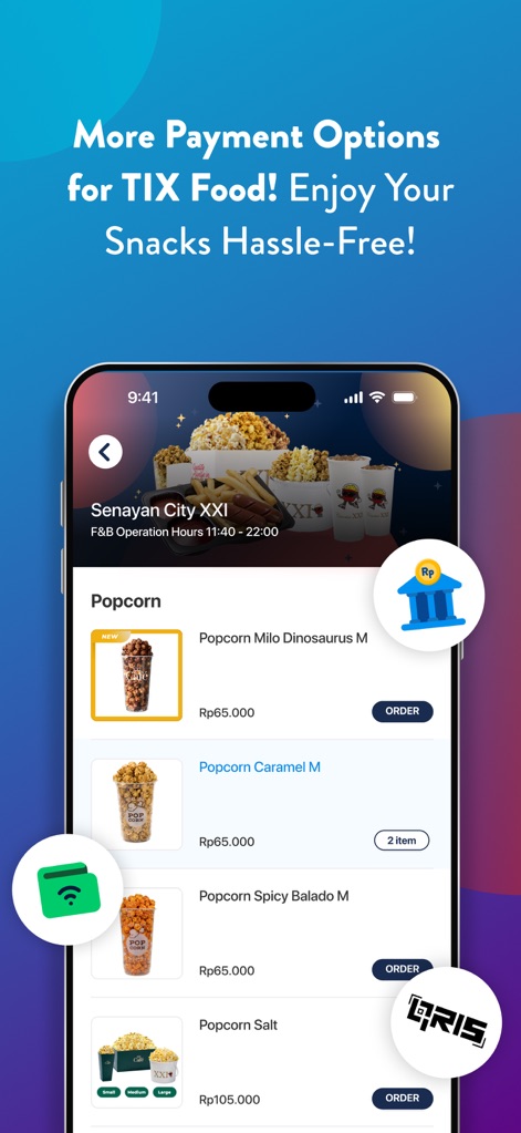 TIX ID - Preview the organized display of various cinema snack options with clear pricing and the intuitive 'ORDER' buttons for a hassle-free experience.