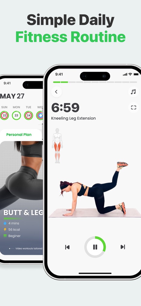 7 Minute Workout: Exercise App - La aplicación presenta una interfaz de usuario limpia que facilita el seguimiento, complementada con instrucciones de ejercicio visuales en tiempo real para una ejecución correcta y guiada.