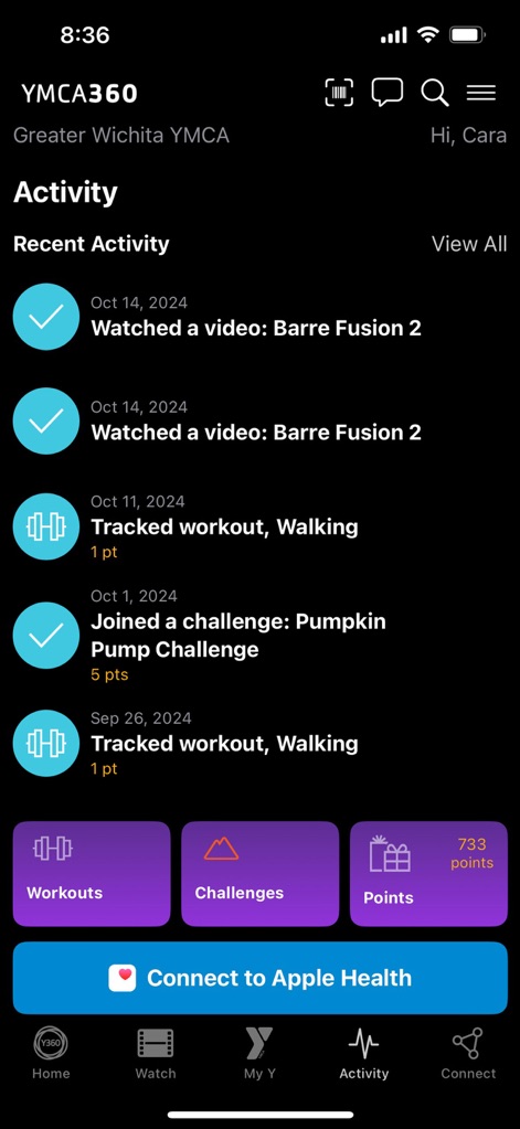 YMCA360 - Visualisez toutes les activités récentes, y compris les 'tracked workouts' et les 'joined challenges', et connectez l'application à 'Apple Health' pour une synchronisation complète.
