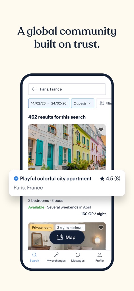 HomeExchange - House Swapping - La aplicación ofrece una amplia gama de resultados de búsqueda, con filtros personalizables para fechas y número de huéspedes, permitiendo a los usuarios visualizar opciones como "Playful colorful city apartment" con su calificación y el precio por noche en GuestPoints.