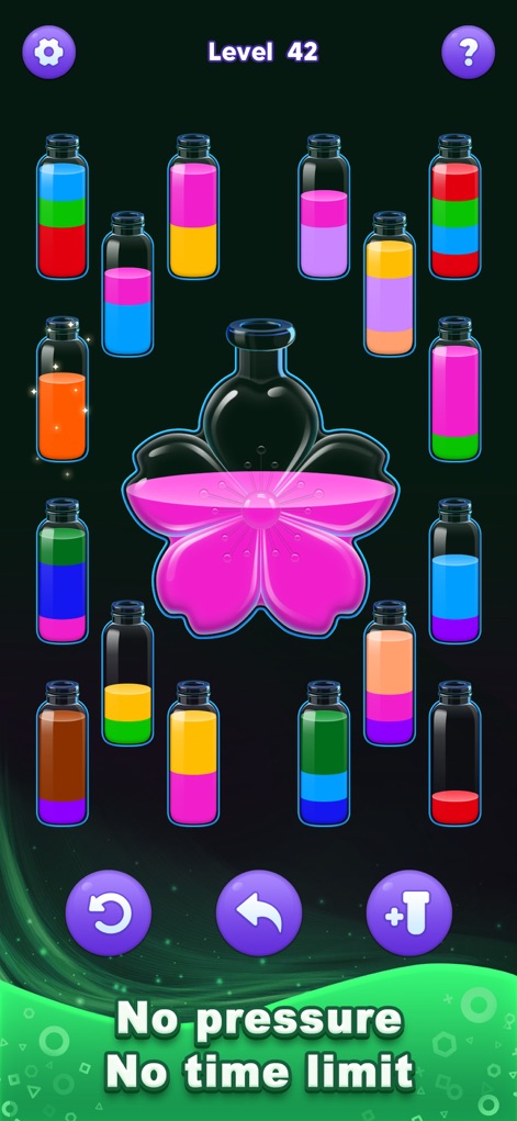 Water Sort Master! - This image highlights the tranquil flower-shaped bottle, emphasizing the app's commitment to "No pressure No time limit" gameplay for ultimate relaxation.