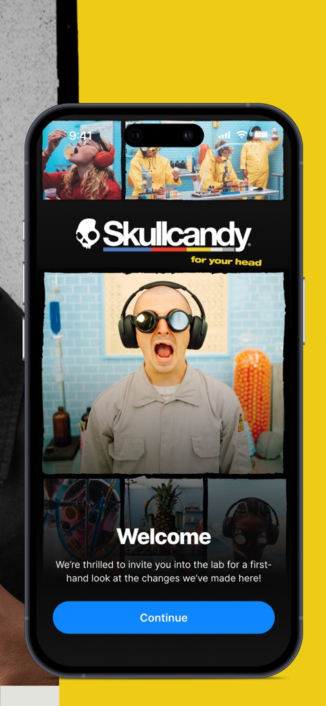 Skullcandy - L'écran d'accueil engageant invite les utilisateurs à découvrir les nouveautés de l'application avec un message de bienvenue et une esthétique ludique rappelant un laboratoire.