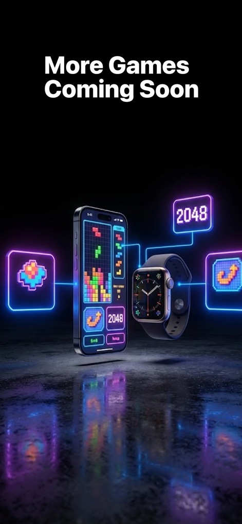GameHub - Mini Games for Watch - La aplicación sugiere futuras expansiones con más juegos, ilustrado por los íconos de Tetris y 2048 que representan el contenido venidero.