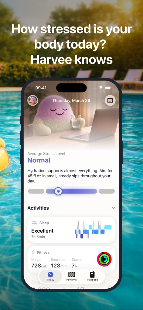 Harvee: Watch Stress Monitor - The app provides a personalized overview of daily well-being, featuring an "Average Stress Level" indicator and comprehensive activity tracking for "Sleep" and "Fitness".