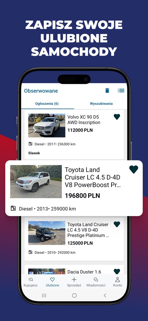 OTOMOTO.pl: Car Marketplace - Users can conveniently save favorite vehicle listings for future reference, tracking desired cars and their detailed pricing information within a dedicated 'Obserwowane' (Saved) tab.