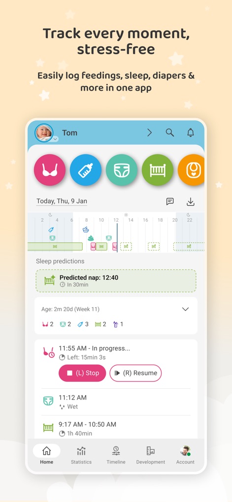Baby Daybook - Newborn Tracker - This tool provides quick access buttons for logging activities and a comprehensive activity feed, allowing users to effortlessly monitor feedings, sleep, and diapers.