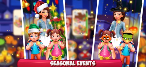 Cooking Mastery: Kitchen Games - La aplicación celebra festividades con personajes infantiles disfrazados para Navidad y Halloween, mostrando la variedad de eventos temáticos que mantienen el juego fresco y emocionante.