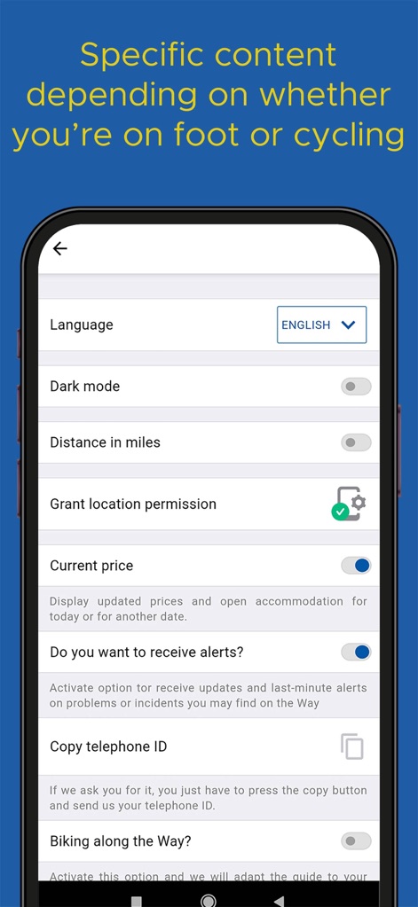 Buen Camino de Santiago App - La herramienta ofrece ajustes personalizados como la selección de idioma o el modo oscuro, y permite adaptar el contenido según el usuario sea peregrino a pie o en bicicleta.