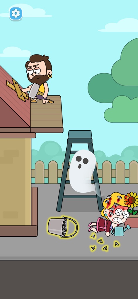 Death Puzzle - This visual showcases the chaotic aftermath of a character falling from a ladder, with a man working on the roof seemingly oblivious to the incident below.