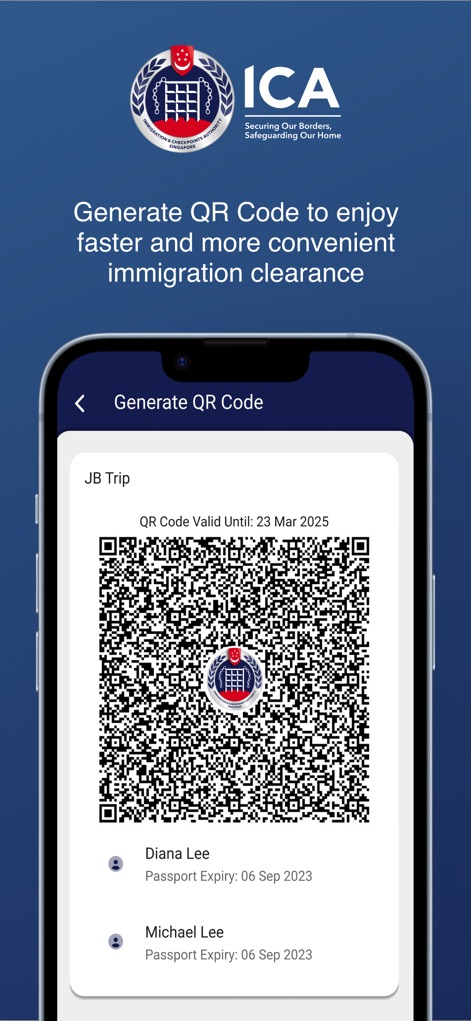 MyICA Mobile - Hier generiert die App einen eindeutigen QR-Code für beschleunigte Einreise, der das ICA-Logo prominent zeigt und die Namen der Reisenden sowie deren Passgültigkeitsdaten klar auflistet.