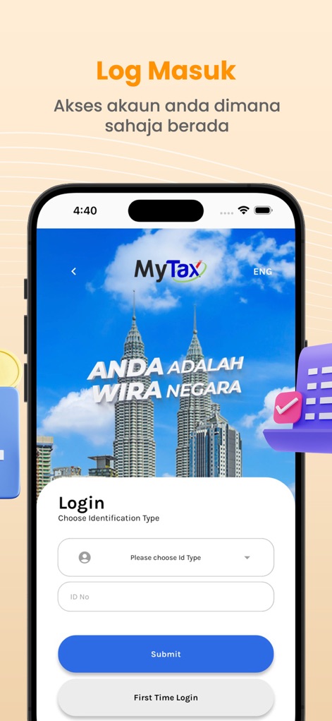 MyTax - This tool presents a streamlined login interface, featuring clear input fields for user identification and a distinct 'First Time Login' option for new taxpayers.