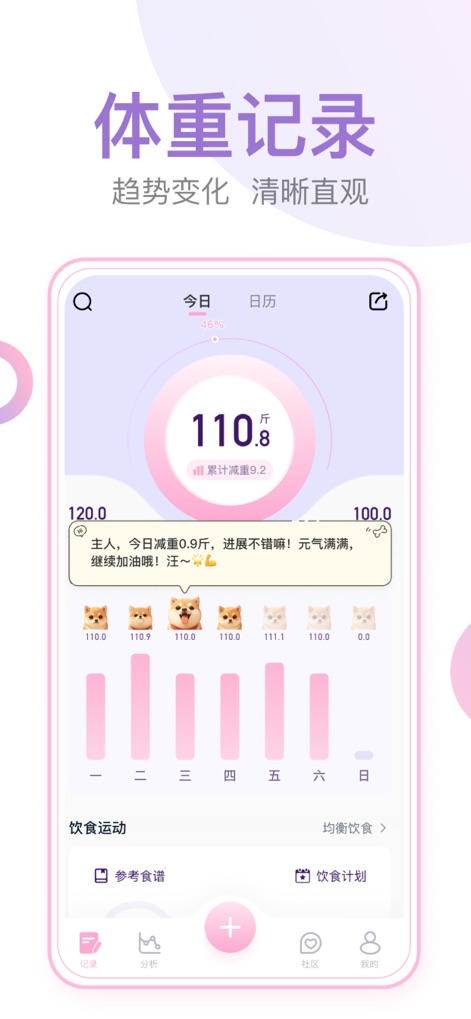 体重小本-超好用的减肥打卡饮食记录瘦身轻断食计划管理软件社区 - Esta herramienta permite un registro de peso claro e intuitivo, mostrando el progreso con un gran indicador numérico y una línea de tendencia fácil de seguir.