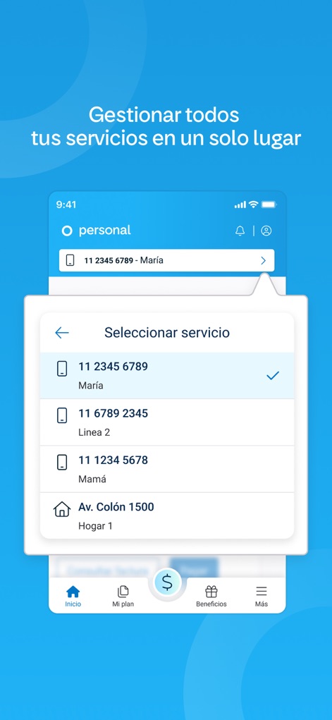 Mi Personal - The 'Seleccionar servicio' interface allows seamless switching between multiple mobile lines and integrated home services like 'Hogar 1'.