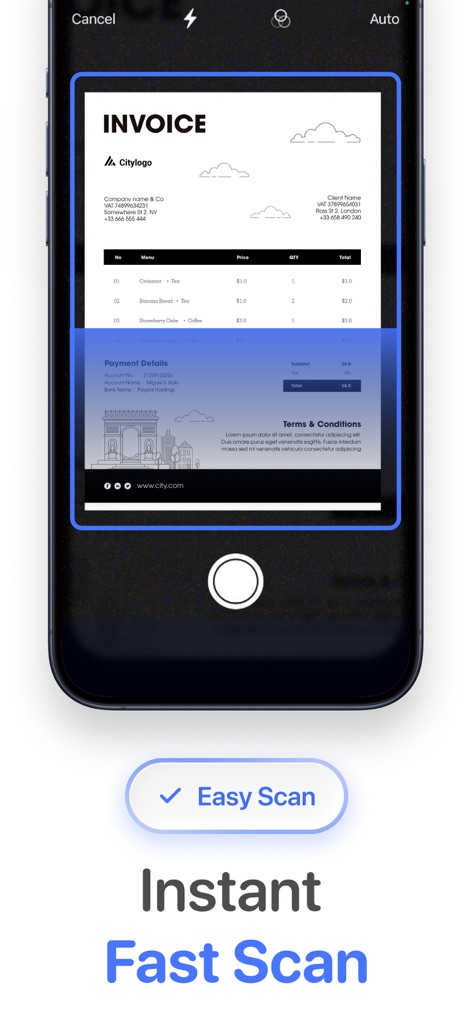 Smart Printer App for HP · - Users can quickly digitize documents with the built-in scanner, featuring an intuitive cropping frame and instant processing for clear invoice capture.