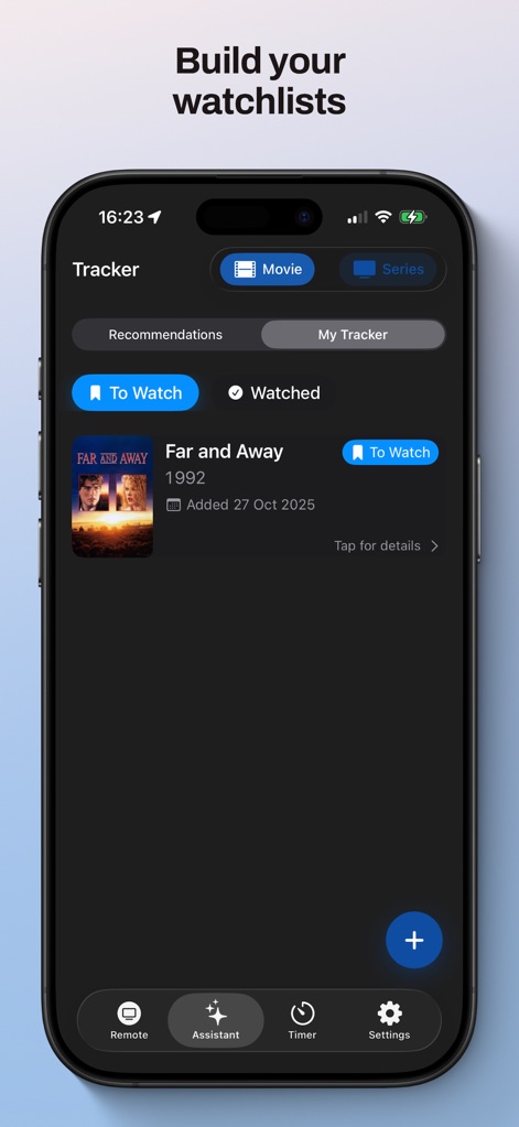 TV Remote • Universal Control - La aplicación permite a los usuarios gestionar sus listas de visualización con secciones claras para "Por Ver" y "Vistos", y un seguimiento detallado que incluye la portada de la película y su año de lanzamiento como "Far and Away 1992".