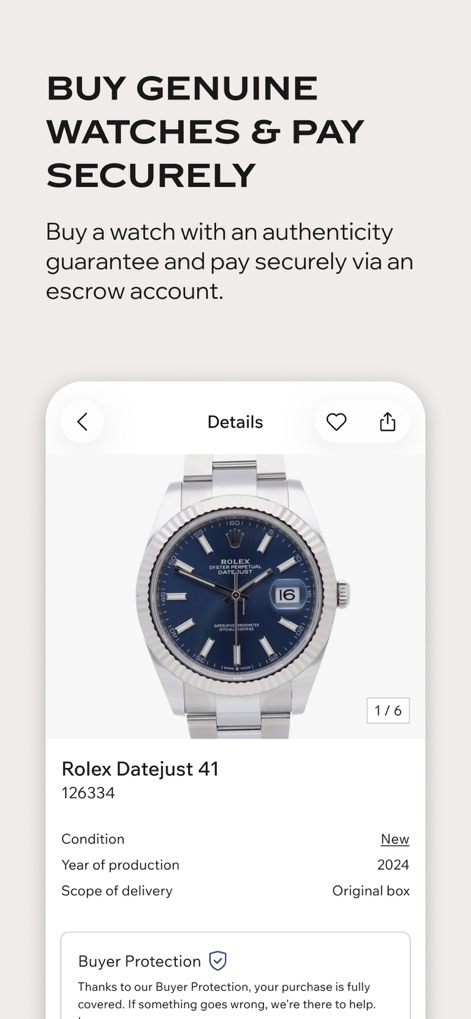 Chrono24 | Luxury Watch Market - Gli utenti possono acquistare con fiducia grazie alla protezione dell'acquirente, chiaramente visibile nella sezione "Buyer Protection" e visualizzando i dettagli di un "Rolex Datejust 41" con opzioni di scorrimento immagini "1/6", che sottolineano la trasparenza e la sicurezza delle transazioni.