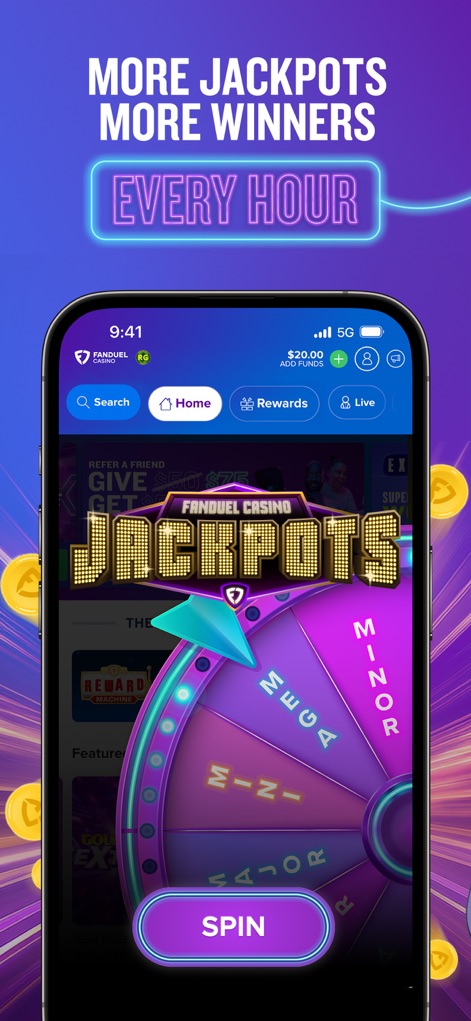 FanDuel Casino - Real Money - This screenshot highlights the "Every Hour" jackpot opportunities, featuring an interactive "Spin" wheel to win "Mega," "Minor," or "Mini" prizes.