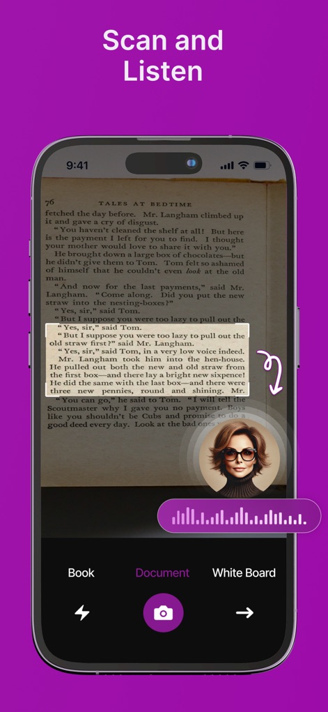 Text Reader - Text to Speech - The app's powerful scanning capability is evident through its live camera view capturing text from a book, complemented by a dynamic waveform visualizing the immediate conversion to audio.