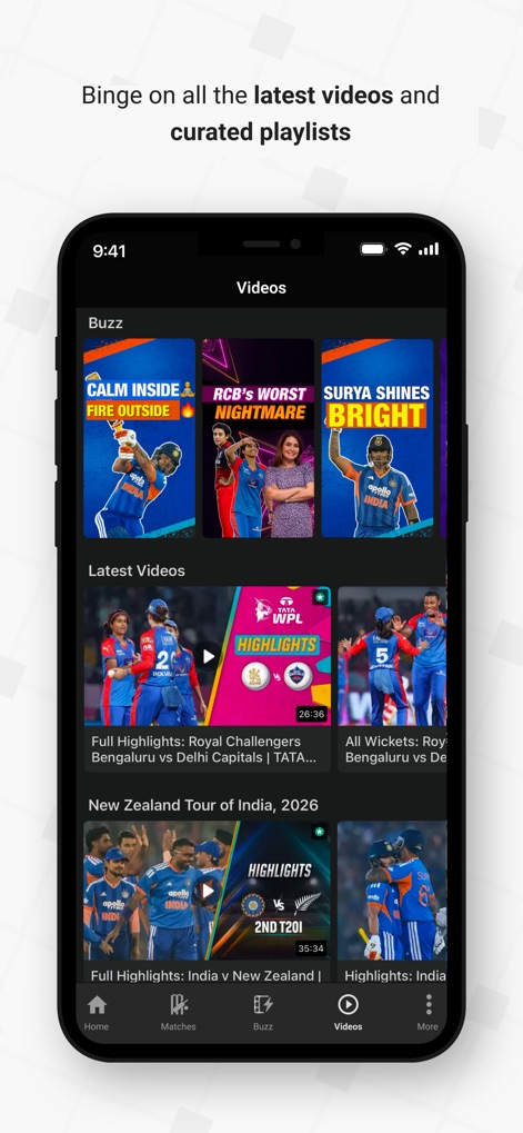 Willow - Watch Live Cricket - The app offers an extensive video library, showcasing both 'Latest Videos' and organized series archives like the 'New Zealand Tour of India, 2026'. Users can easily discover content through curated playlists.