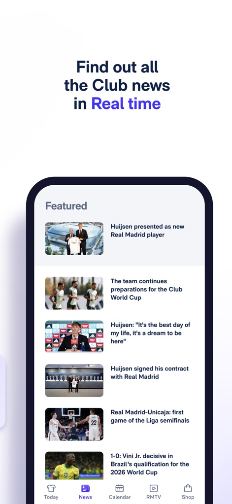 Real Madrid - Explore a curated feed of exclusive club news and engaging articles, featuring headlines like 'Huijsen presented as new Real Madrid player' and vibrant accompanying images for each story.