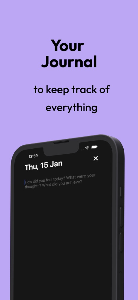 Onrise: Habit Tracker & Focus - La función de diario permite a los usuarios reflexionar sobre su día, con una clara visualización de la "fecha" en la parte superior y un espacio de "texto" para registrar pensamientos y logros.