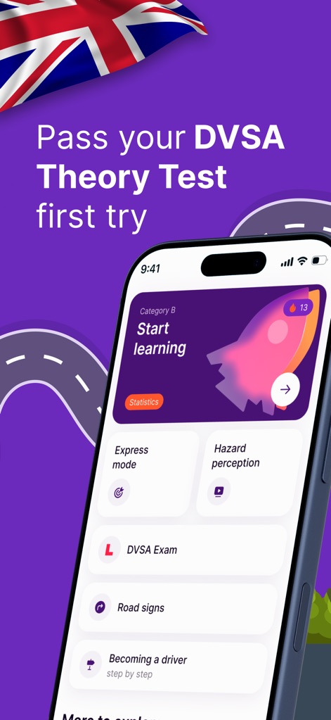 Driving Test Theory Kit 2026 - The app's clean interface presents a clear "Start learning" pathway and dedicated sections for "Express mode" and "Hazard perception" practice.