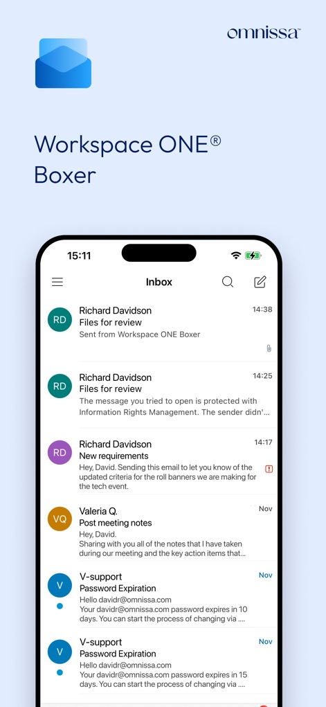 Boxer - Workspace ONE - L'interfaccia dell'app presenta un'efficiente lista di email, mentre la barra di navigazione inferiore offre accesso rapido a tutte le funzioni chiave.