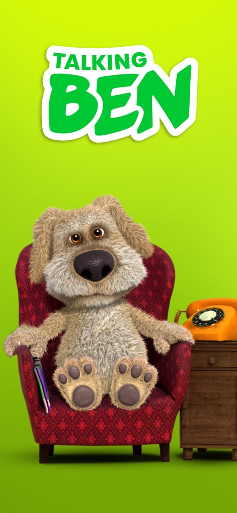Talking Ben the Dog - The introductory screen features the prominent 'Talking Ben' logo, inviting users to meet Ben relaxing comfortably in his signature armchair.