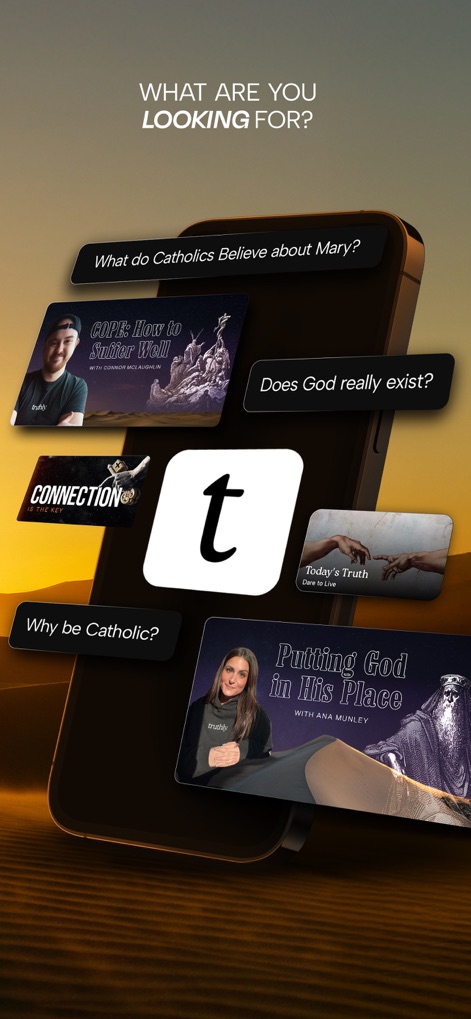 Truthly: Catholic AI - 사용자는 이 화면에서 '마리아에 대해 가톨릭 신자들은 무엇을 믿는가?'와 같은 다양한 질문과 '오늘의 진리'와 같은 영감을 주는 주제 카드를 통해 폭넓은 탐색 기회를 얻습니다.