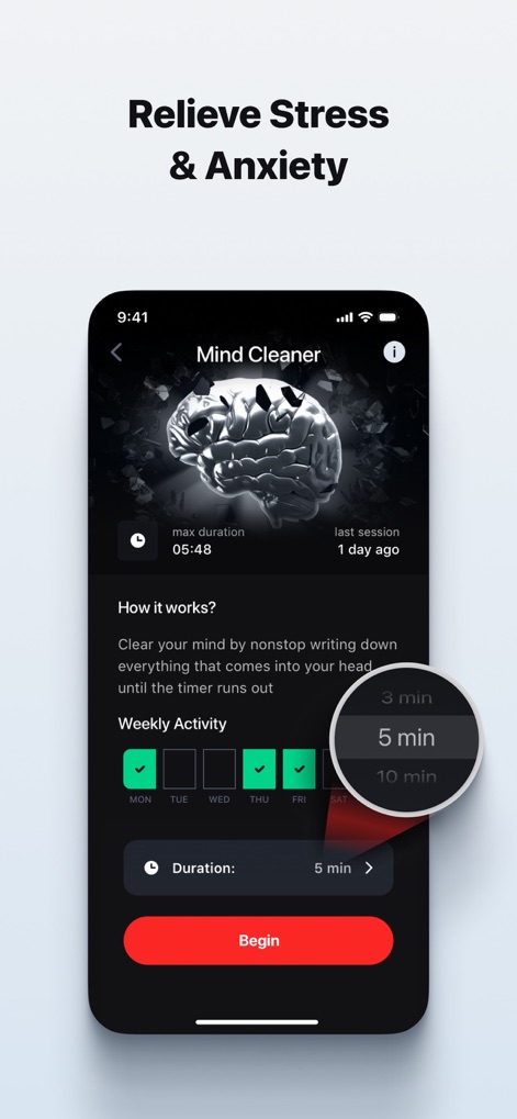 Dr. Kegel: For Men’s Health - Explore the 'Mind Cleaner' feature, designed to help users relieve stress and anxiety, complete with selectable session 'duration options' and a 'Weekly Activity' tracker.