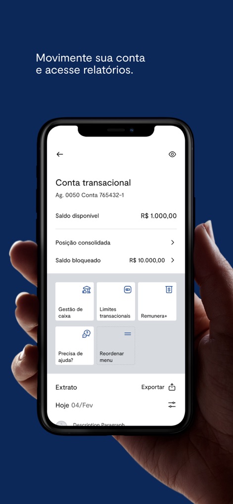 BTG Pactual Empresas: Conta PJ - L'application offre un aperçu du solde disponible de la compte transactionnelle et la possibilité d'accéder à l'extrait pour un suivi détaillé.
